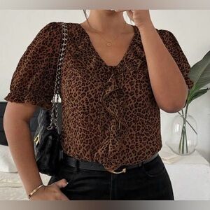 Brown Leopard Ruffle Blouse